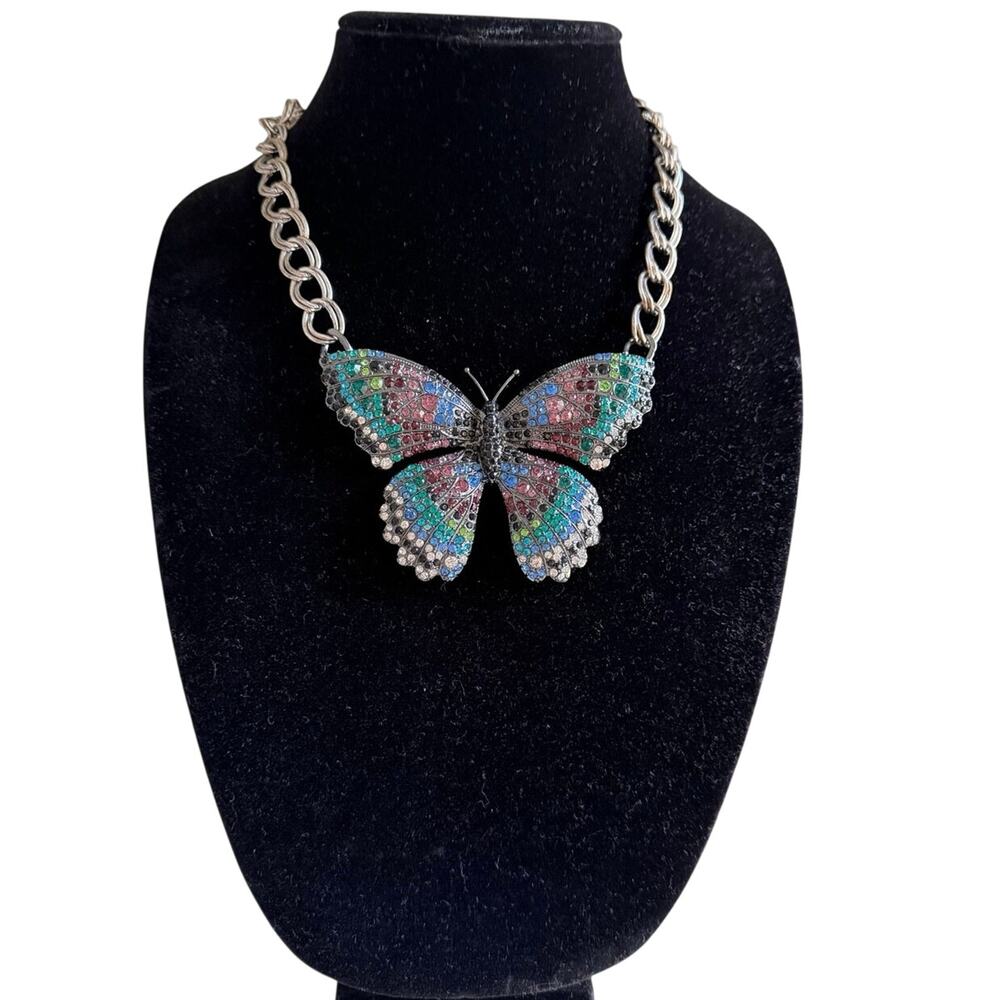 Betsey Johnson Butterfly Necklace Rhinestone Multicolor Statement Chunky